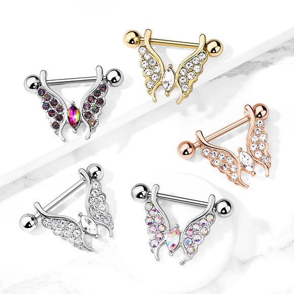 Crystal Paved Butterfly Nipple Rings - Picture 1 of 6